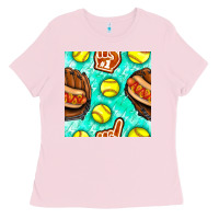 Bubblegum Pink softball glove and hotdog seamless pattern Ladies Tee - BundleAndBundleShop