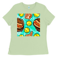 Matcha softball glove and hotdog seamless pattern Ladies Tee - BundleAndBundleShop