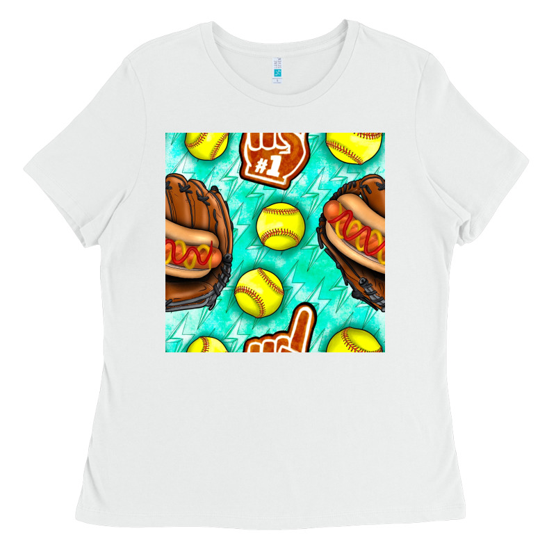 Softball Glove And Hotdog Seamless Pattern Ladies Tee by BundleAndBundleShop | Teevron