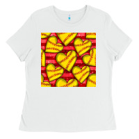 White softball hearts seamless pattern Ladies Tee - BundleAndBundleShop