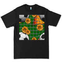 Black soccer balls and sunflowers with goal nets seamless pattern Premium Tee - BundleAndBundleShop