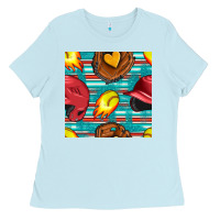 Baby Blue softball helmet and glove with serape seamless pattern Ladies Tee - BundleAndBundleShop