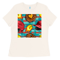 Bone softball helmet and glove with serape seamless pattern Ladies Tee - BundleAndBundleShop