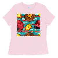 Bubblegum Pink softball helmet and glove with serape seamless pattern Ladies Tee - BundleAndBundleShop