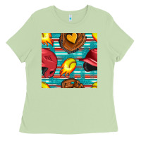 Matcha softball helmet and glove with serape seamless pattern Ladies Tee - BundleAndBundleShop