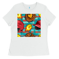 White softball helmet and glove with serape seamless pattern Ladies Tee - BundleAndBundleShop
