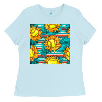 Baby Blue softball sunflowers with serape seamless pattern Ladies Tee - BundleAndBundleShop