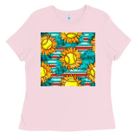 Bubblegum Pink softball sunflowers with serape seamless pattern Ladies Tee - BundleAndBundleShop