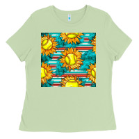 Matcha softball sunflowers with serape seamless pattern Ladies Tee - BundleAndBundleShop