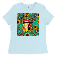 Baby Blue softball lips sunflowers and gemstones seamless pattern Ladies Tee - BundleAndBundleShop