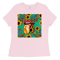 Bubblegum Pink softball lips sunflowers and gemstones seamless pattern Ladies Tee - BundleAndBundleShop