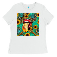 White softball lips sunflowers and gemstones seamless pattern Ladies Tee - BundleAndBundleShop