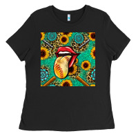 Black softball lips sunflowers and gemstones seamless pattern Ladies Tee - BundleAndBundleShop