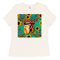 Bone softball lips sunflowers and gemstones seamless pattern Ladies Tee - BundleAndBundleShop
