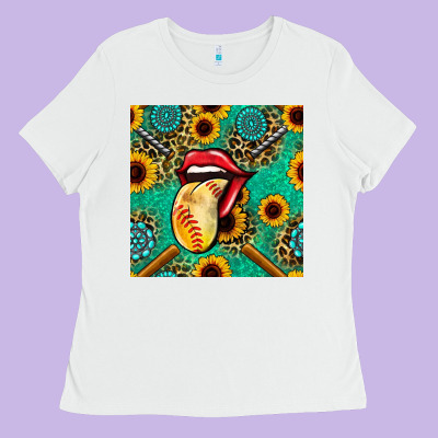 Softball Lips Sunflowers And Gemstones Seamless Pattern Ladies Tee Designed By Bundleandbundleshop