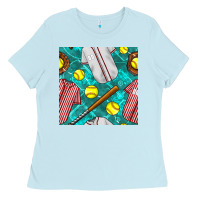 Baby Blue softball uniform glove and bat with field seamless pattern Ladies Tee - BundleAndBundleShop