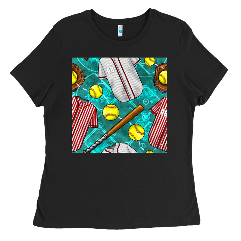 Softball Uniform Glove And Bat With Field Seamless Pattern Ladies Tee by BundleAndBundleShop | Teevron