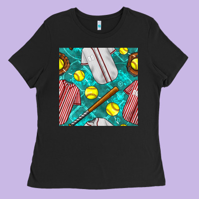 Softball Uniform Glove And Bat With Field Seamless Pattern Ladies Tee Designed By Bundleandbundleshop