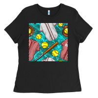 Black softball uniform glove and bat with field seamless pattern Ladies Tee - BundleAndBundleShop