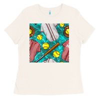 Bone softball uniform glove and bat with field seamless pattern Ladies Tee - BundleAndBundleShop