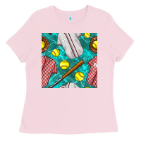 Bubblegum Pink softball uniform glove and bat with field seamless pattern Ladies Tee - BundleAndBundleShop