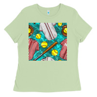Matcha softball uniform glove and bat with field seamless pattern Ladies Tee - BundleAndBundleShop
