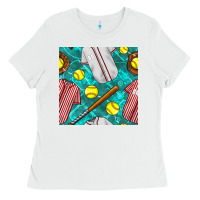 White softball uniform glove and bat with field seamless pattern Ladies Tee - BundleAndBundleShop