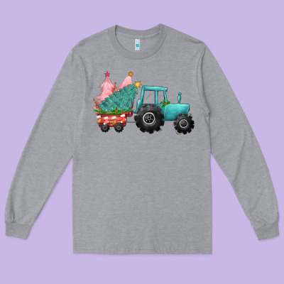 Christmas Tree Tractor Long Sleeve Tee Designed By Cowgirlartshop