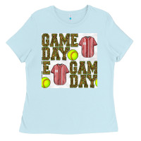 Baby Blue softball uniform game day seamless pattern Ladies Tee - BundleAndBundleShop