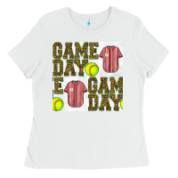 White softball uniform game day seamless pattern Ladies Tee - BundleAndBundleShop