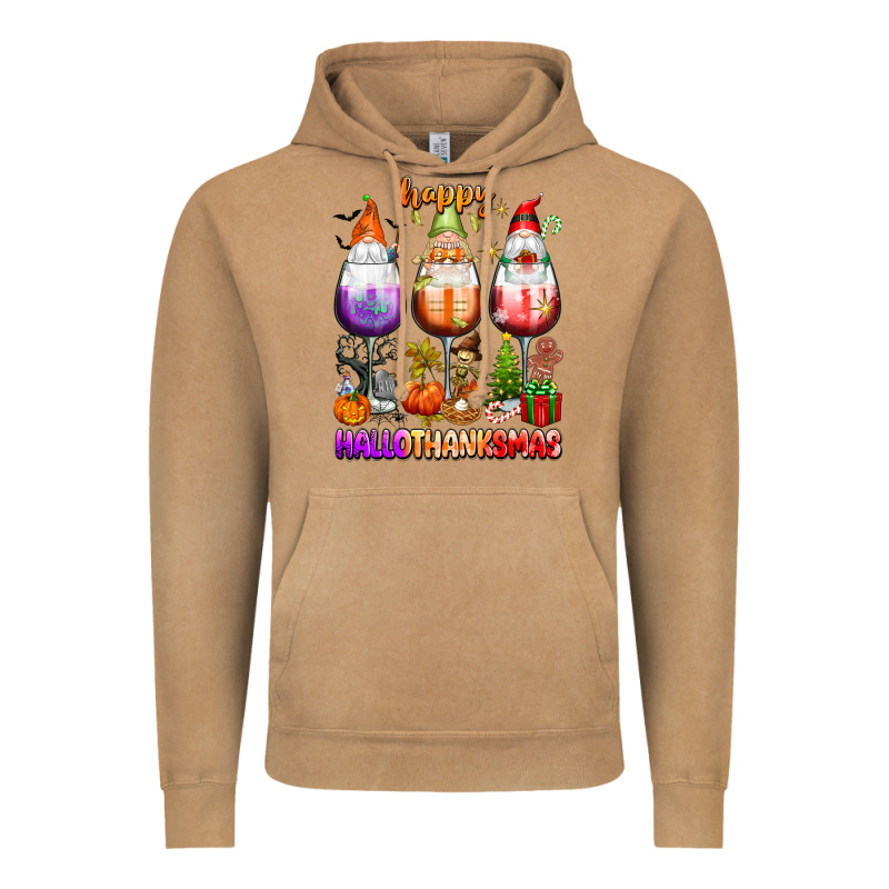 Happy Hallothanksmas Wine Glasses And Gnomes Vintage Hoodie by texasbilliewilder | Teevron