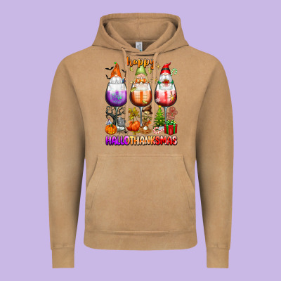 Happy Hallothanksmas Wine Glasses And Gnomes Vintage Hoodie Designed By Texasbilliewilder