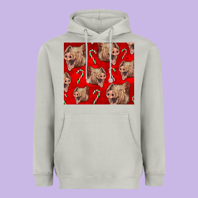 Yorkshire Pig And Candy Cane Heavyweight Hoodie Designed By Lillyallendesigns