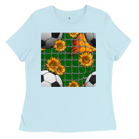 Baby Blue soccer balls and sunflowers with goal nets seamless pattern Ladies Tee - BundleAndBundleShop