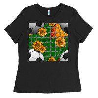 Black soccer balls and sunflowers with goal nets seamless pattern Ladies Tee - BundleAndBundleShop