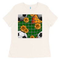 Bone soccer balls and sunflowers with goal nets seamless pattern Ladies Tee - BundleAndBundleShop