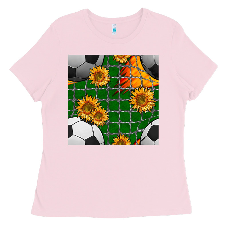 Soccer Balls And Sunflowers With Goal Nets Seamless Pattern Ladies Tee by BundleAndBundleShop | Teevron