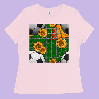 Soccer Balls And Sunflowers With Goal Nets Seamless Pattern Ladies Tee Designed By Bundleandbundleshop
