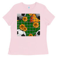 Bubblegum Pink soccer balls and sunflowers with goal nets seamless pattern Ladies Tee - BundleAndBundleShop