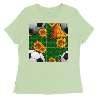 Matcha soccer balls and sunflowers with goal nets seamless pattern Ladies Tee - BundleAndBundleShop