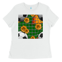 White soccer balls and sunflowers with goal nets seamless pattern Ladies Tee - BundleAndBundleShop