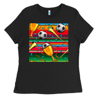 Black soccer winner cup and vuvuzela with serape seamless pattern Ladies Tee - BundleAndBundleShop