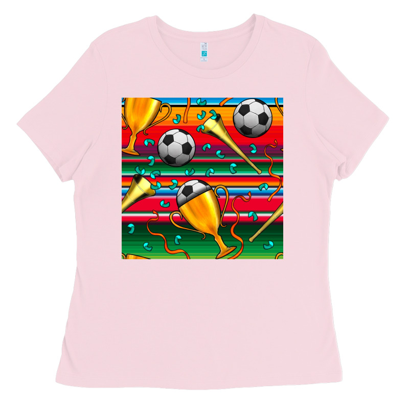 Soccer Winner Cup And Vuvuzela With Serape Seamless Pattern Ladies Tee by BundleAndBundleShop | Teevron