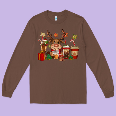 Reindeer Coffe Cups Christmas Long Sleeve Tee Designed By Cowgirlartshop