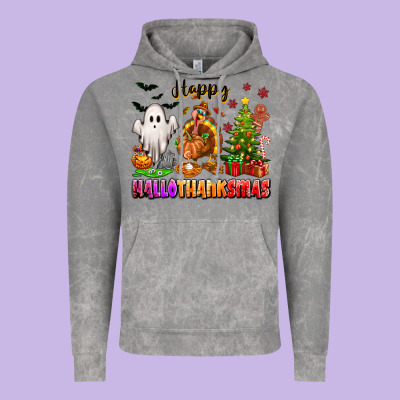 Happy Hallothanksmas With Ghost Turkey And Tree Vintage Hoodie Designed By Texasbilliewilder