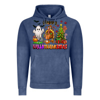 Vintage Denim Happy Hallothanksmas with ghost turkey and tree Vintage Hoodie - texasbilliewilder