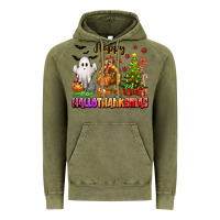 Vintage Olive Happy Hallothanksmas with ghost turkey and tree Vintage Hoodie - texasbilliewilder