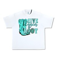 White Give Cancer the boot Ovarian Cancer teal ribbon Urban Heavy Tee - NancyCooperArtShop