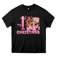 Black my first christmas pink reindeer Heavy Core Tee - MaliasSmallBusiness