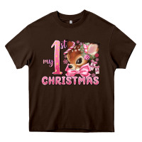 Chocolate Brown my first christmas pink reindeer Heavy Core Tee - MaliasSmallBusiness